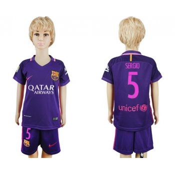 2016-17 Barcelona #5 SERGIO Away Soccer Youth Purple Shirt Kit