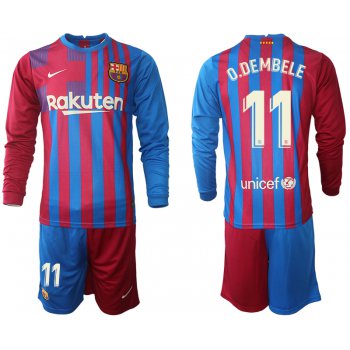 Men 2021-2022 Club Barcelona home red blue Long Sleeve 11 Nike Soccer Jersey