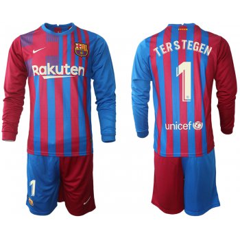 Men 2021-2022 Club Barcelona home red blue Long Sleeve 1 Nike Soccer Jersey