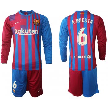 Men 2021-2022 Club Barcelona home red blue Long Sleeve 6 Nike Soccer Jersey