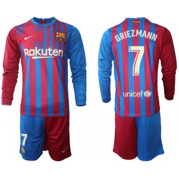 Men 2021-2022 Club Barcelona home red blue Long Sleeve 7 Nike Soccer Jersey