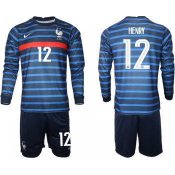 Men 2021 European Cup France home blue Long sleeve 12 Soccer Jersey