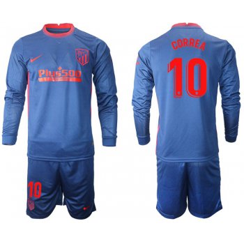 Men 2020-2021 club Atletico Madrid away long sleeves 10 blue Soccer Jerseys