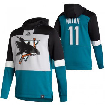 San Jose Sharks #11 Owen Nolan Adidas Reverse Retro Pullover Hoodie Gray Teal