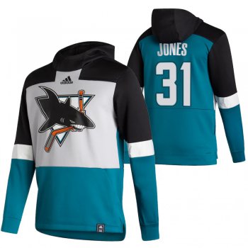 San Jose Sharks #31 Martin Jones Adidas Reverse Retro Pullover Hoodie Gray Teal