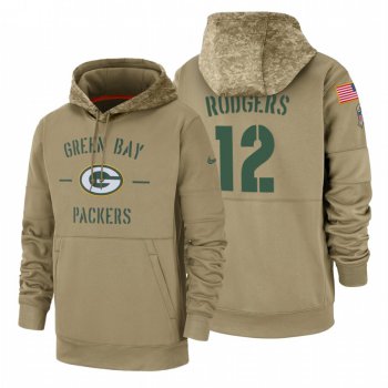 Green Bay Packers #12 Aaron Rodgers Nike Tan 2019 Salute To Service Name & Number Sideline Therma Pullover Hoodie