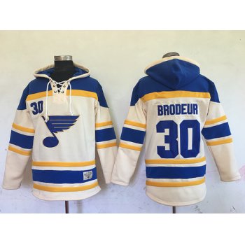 Men's St. Louis Blues #30 Martin Brodeur Cream Old Time Hockey Hoodie