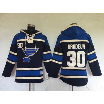 Men's St. Louis Blues #30 Martin Brodeur Navy Blue Old Time Hockey Hoodie