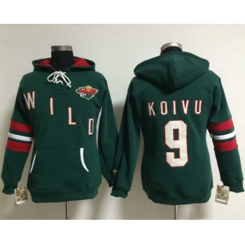 Minnesota Wild #9 Mikko Koivu Green Women's Old Time Heidi NHL Hoodie