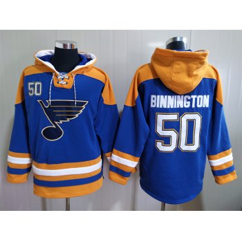 Men's St Louis Blues #50 Jordan Binnington Blue Ageless Must Have Lace Up Pullover Hoodie