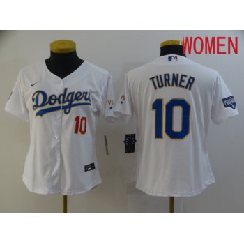 Women Los Angeles Dodgers 10 Turner White Game 2021 Nike MLB Jerseys