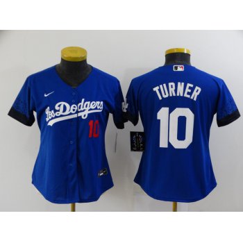 Women's Los Angeles Dodgers #10 Justin Turner Blue 2021 City Connect Number Cool Base Stitched Jersey