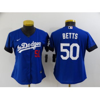 Women's Los Angeles Dodgers #50 Mookie Betts Blue 2021 City Connect Number Cool Base Stitched Jersey