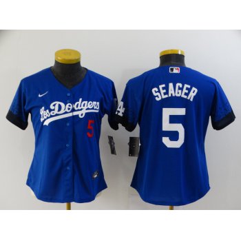 Women's Los Angeles Dodgers #5 Corey Seager Blue 2021 City Connect Number Cool Base Stitched Jersey