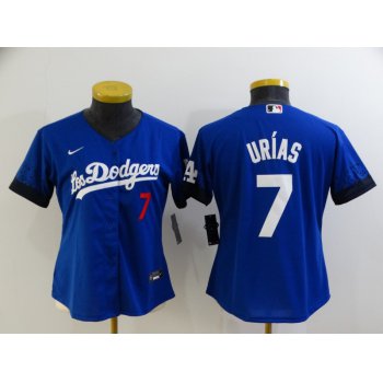 Women's Los Angeles Dodgers #7 Julio Urias Blue 2021 City Connect Number Cool Base Stitched Jersey