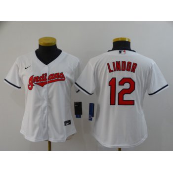 Women's Cleveland Indians #12 Francisco Lindor White Stitched MLB Cool Base Nike Jersey