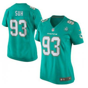 Women's Miami Dolphins #93 Ndamukong Suh Aqua Green Team Color 2015 NFL 50th Patch Nike Game Jersey