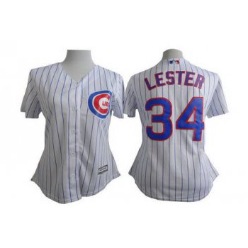 Women's Chicago Cubs #34 Jon Lester White With Blue Pinstripe Jersey