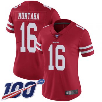 Nike 49ers #16 Joe Montana Red Team Color Women's Stitched NFL 100th Season Vapor Limited Jersey