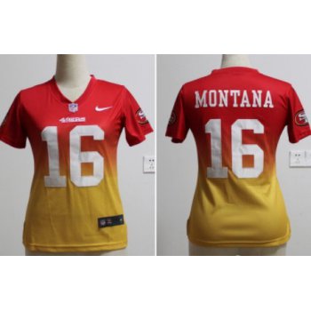 Nike San Francisco 49ers #16 Joe Montana Red/Gold Fadeaway Womens Jersey