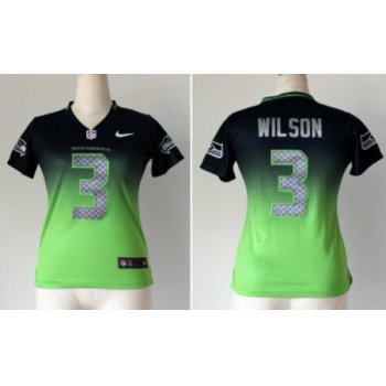 Nike Seattle Seahawks #3 Russell Wilson Navy Blue/Green Fadeaway Womens Jersey