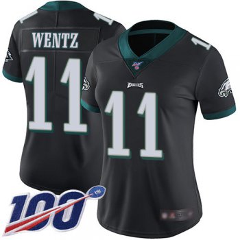 Nike Eagles #11 Carson Wentz Black Alternate Women's Stitched NFL 100th Season Vapor Limited Jersey