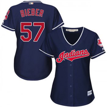 Women's Majestic #57 Shane Bieber Cleveland Indians Replica Navy Cool Base Alternate Jersey