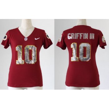 Nike Washington Redskins #10 Robert Griffin III Handwork Sequin Lettering Fashion Red Womens Jersey