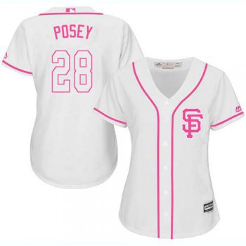 Giants #28 Buster Posey White Pink Fashion Women's Stitched Baseball Jersey