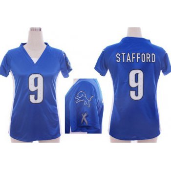 Nike Detroit Lions #9 Matthew Stafford 2012 Light Blue Womens Draft Him II Top Jersey