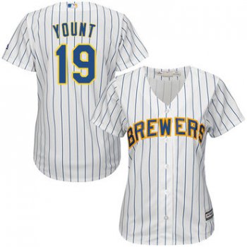 Brewers #19 Robin Yount White Strip Home Women's Stitched Baseball Jersey