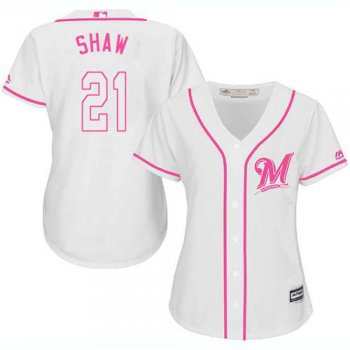 Brewers #21 Travis Shaw White Pink Fashion Women's Stitched Baseball Jersey