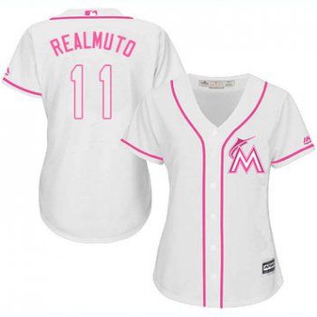 Marlins #11 JT Realmuto White Pink Fashion Women's Stitched Baseball Jersey