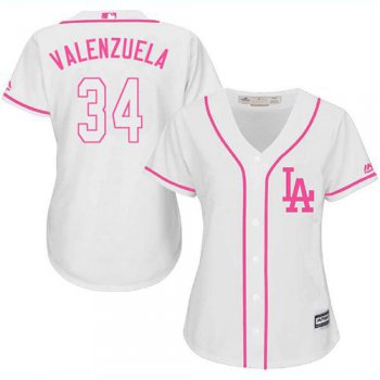 Dodgers #34 Fernando Valenzuela White Pink Fashion Women's Stitched Baseball Jersey