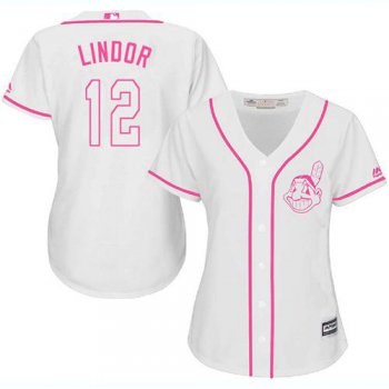 Indians #12 Francisco Lindor White Pink Fashion Women's Stitched Baseball Jersey