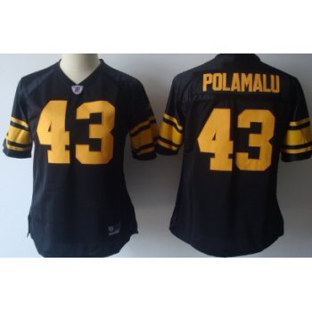 Pittsburgh Steelers #43 Troy Polamalu Black With Yellow Womens Jersey