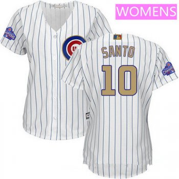 Women's Chicago Cubs #10 Ron Santo White World Series Champions Gold Stitched MLB Majestic 2017 Cool Base Jersey