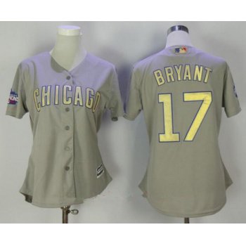 Women's Chicago Cubs #17 Kris Bryant Gray World Series Champions Gold Stitched MLB Majestic 2017 Cool Base Jersey