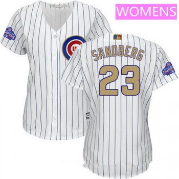 Women's Chicago Cubs #23 Ryne Sandberg White World Series Champions Gold Stitched MLB Majestic 2017 Cool Base Jersey