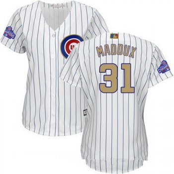 Women's Chicago Cubs #31 Greg Maddux White World Series Champions Gold Stitched MLB Majestic 2017 Cool Base Jersey