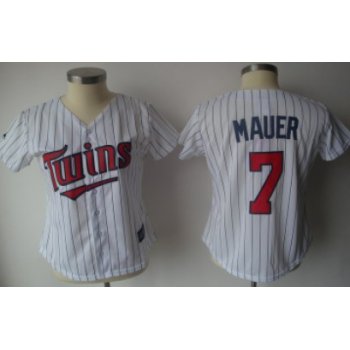 Minnesota Twins #7 Mauer White With Black Pinstripe Womens Jersey