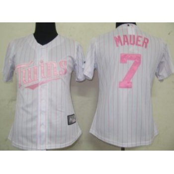 Minnesota Twins #7 Mauer White With Pink Pinstripe Womens Jersey