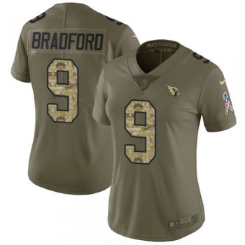 Women Nike Cardinals #9 Sam Bradford Olive Camo Stitched NFL Limited 2017 Salute to Service Jersey