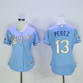 Women's Kansas City Royals #13 Salvador Perez Light Blue 2015 World Series Champions Gold Program Cool Base Jersey