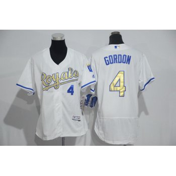 Women's Kansas City Royals #4 Alex Gordon White Champions Gold Program 2016 FlexBase Jersey