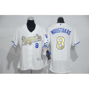 Women's Kansas City Royals #8 Mike Moustakas White Champions Gold Program 2016 FlexBase Jersey