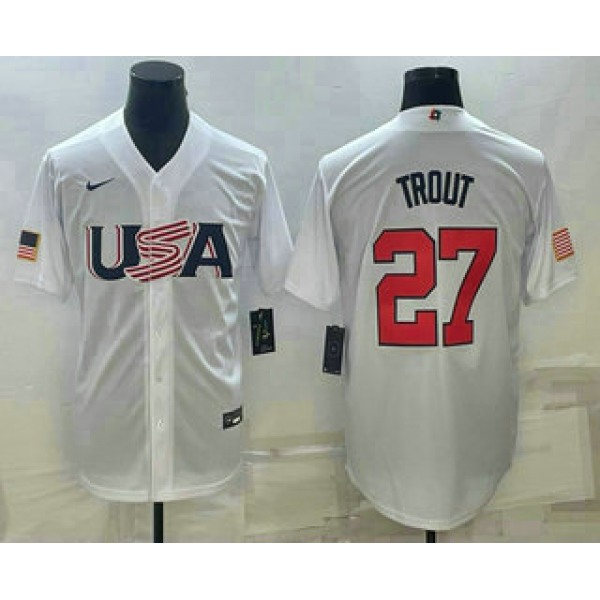 Men's USA Baseball 27 Mike Trout 2023 White World Baseball Classic